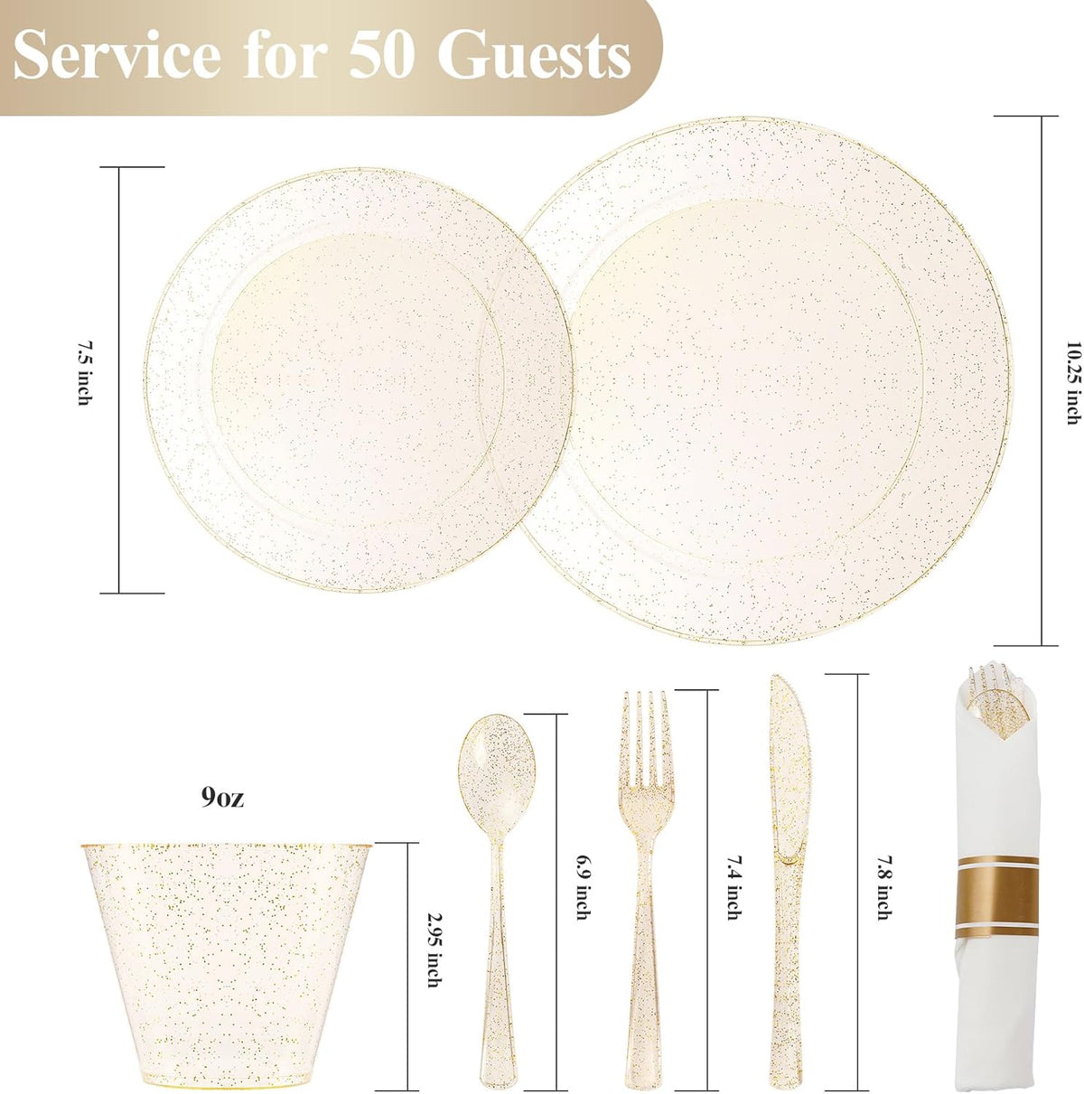 350 PCS Transparent Base With Pink Tint Plastic Dinnerware Set for 50 Guests, 100 Plates for Party, 50 Pre Rolled Napkins with Gold Silverware, 50 Cups