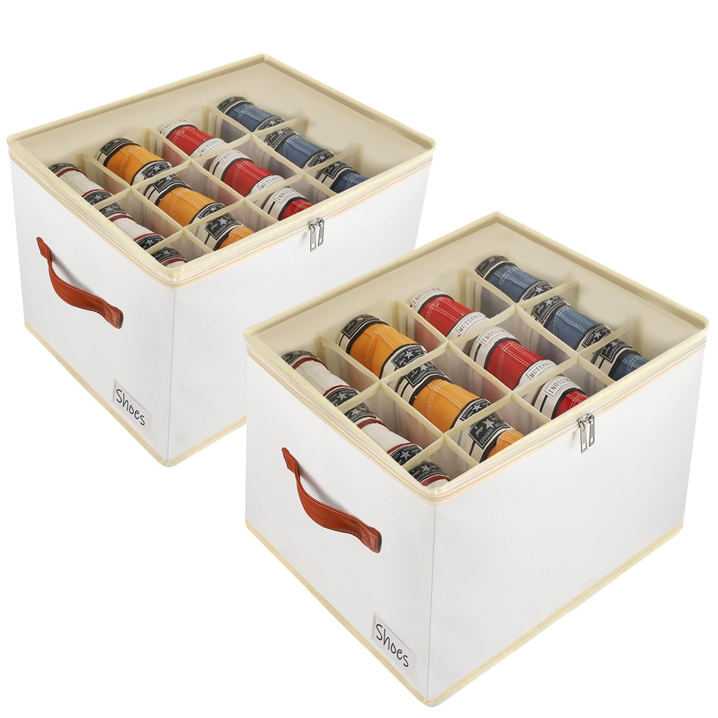 Patinao 2 Pack Shoe Storage Box Organizer for Closet - 24 Cell Space Saver Shoes Containers Bin with Clear Lids Stackable, Can Fit Ottoman, Foldable Shoe Rack Cabinet Cubby for Wardrobe