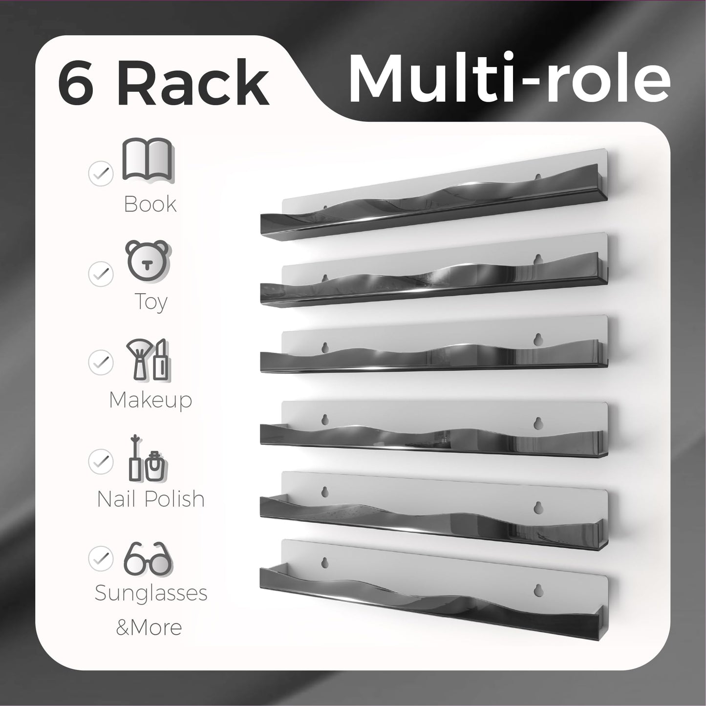 Wall-Mounted Nail Polish Organizer Rack - 15-Inch Black Mirror Finish Nail Polish Shelf, Makeup & Beauty Essentials Storage - Multi-Purpose Display Holder for Small Space, Vanity Bathroom, 6 Pack