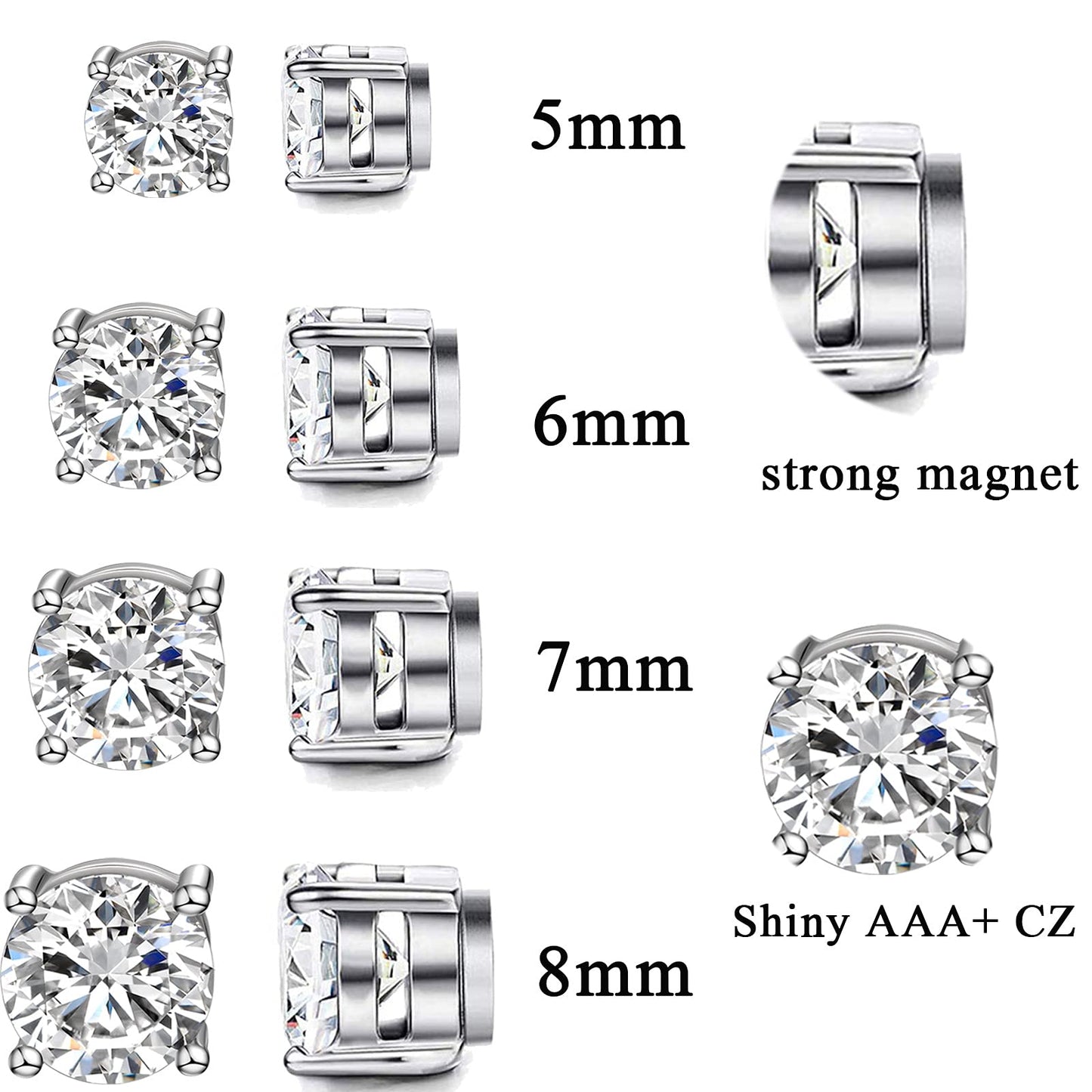 WAINIS 8 Pairs Stainless Steel Magnetic Stud Earrings for Men Women Non-piercing Hypoallergenic Earrings 5-8mm