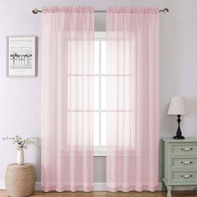 Lecloud Blush Pink Sheer Curtains 90 Inches Long 2 Panels, Modern Airy Voile Solid Curtains, Transparent Aesthetic Windows Decor Drape with Rod Pocket for Bedroom Living Room, Each 42" W x 90" L
