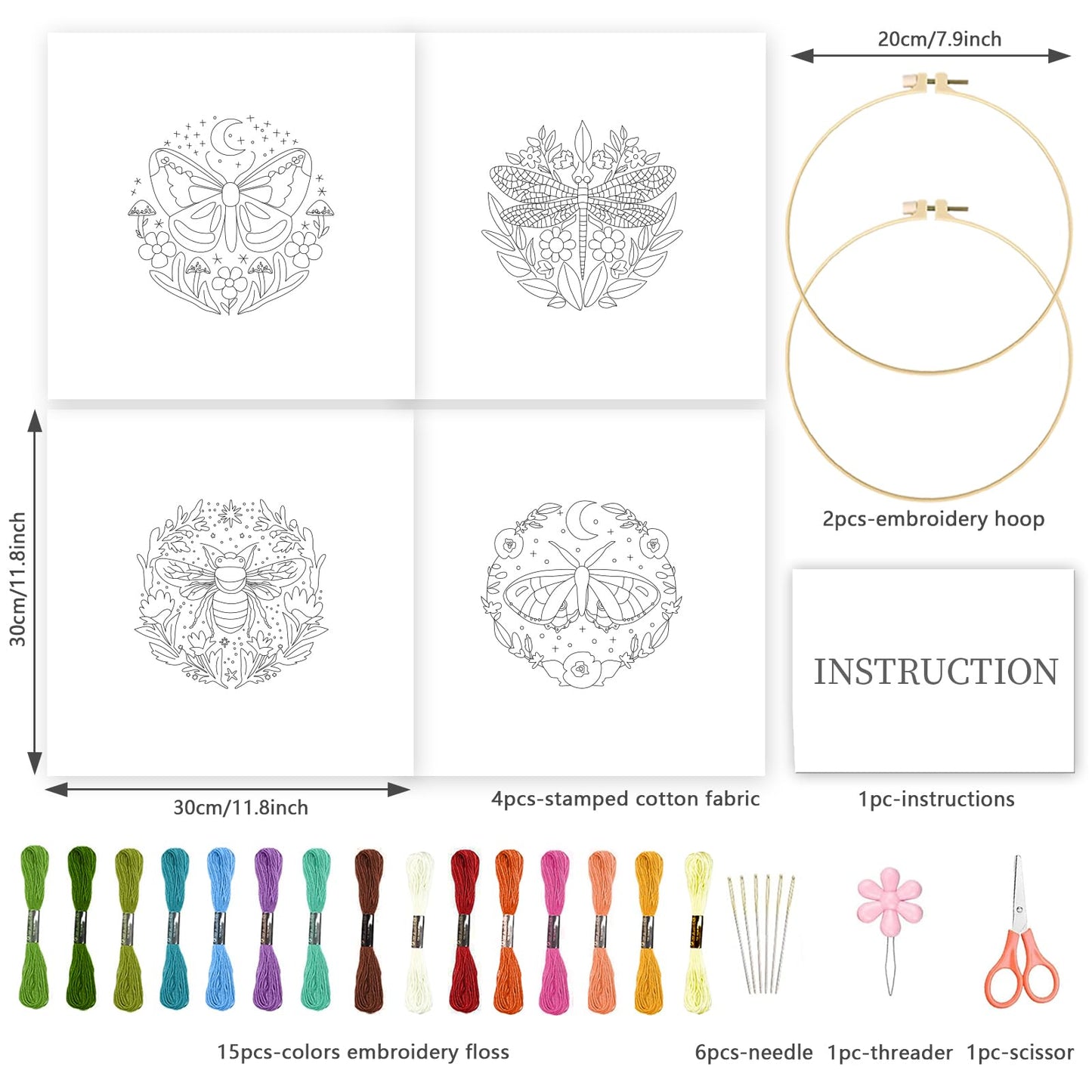 INFUNLY 4 Sets DIY Insect Pattern Embroidery Kits for Starter 11.8"×11.8" Flowers Plants Embroidery Hoop kit Handmade Bees Embroidery Kits Moth Needlepoint Kit with Instruction for Adults Beginners