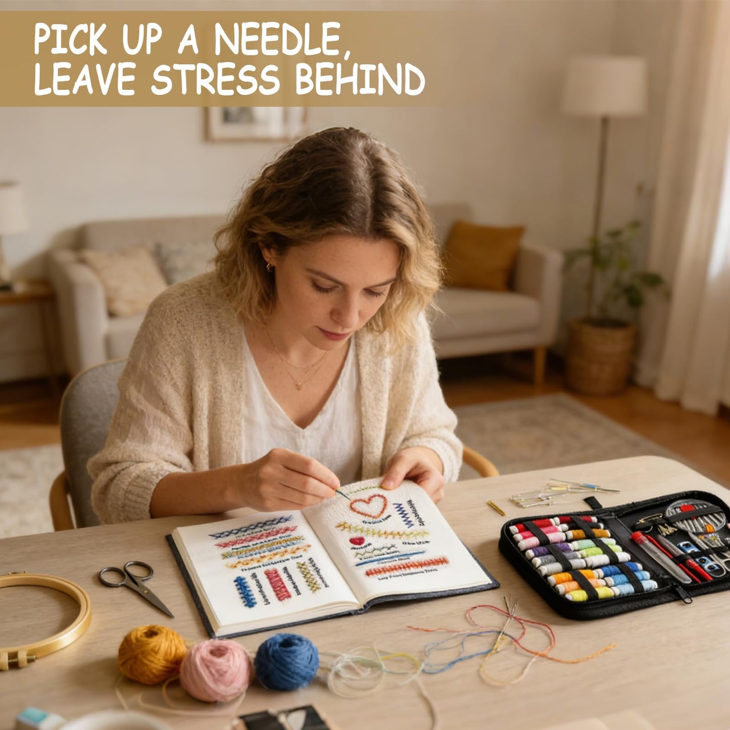 Embroidery Stitch Book Kit for Adults & DIY Craft Enthusiasts, Portable Embroidery Kit for Beginners, Includes Guide to 106 Patterns with Tools & Tutorials and 86-Piece Sewing Tool Set (1 Kit)