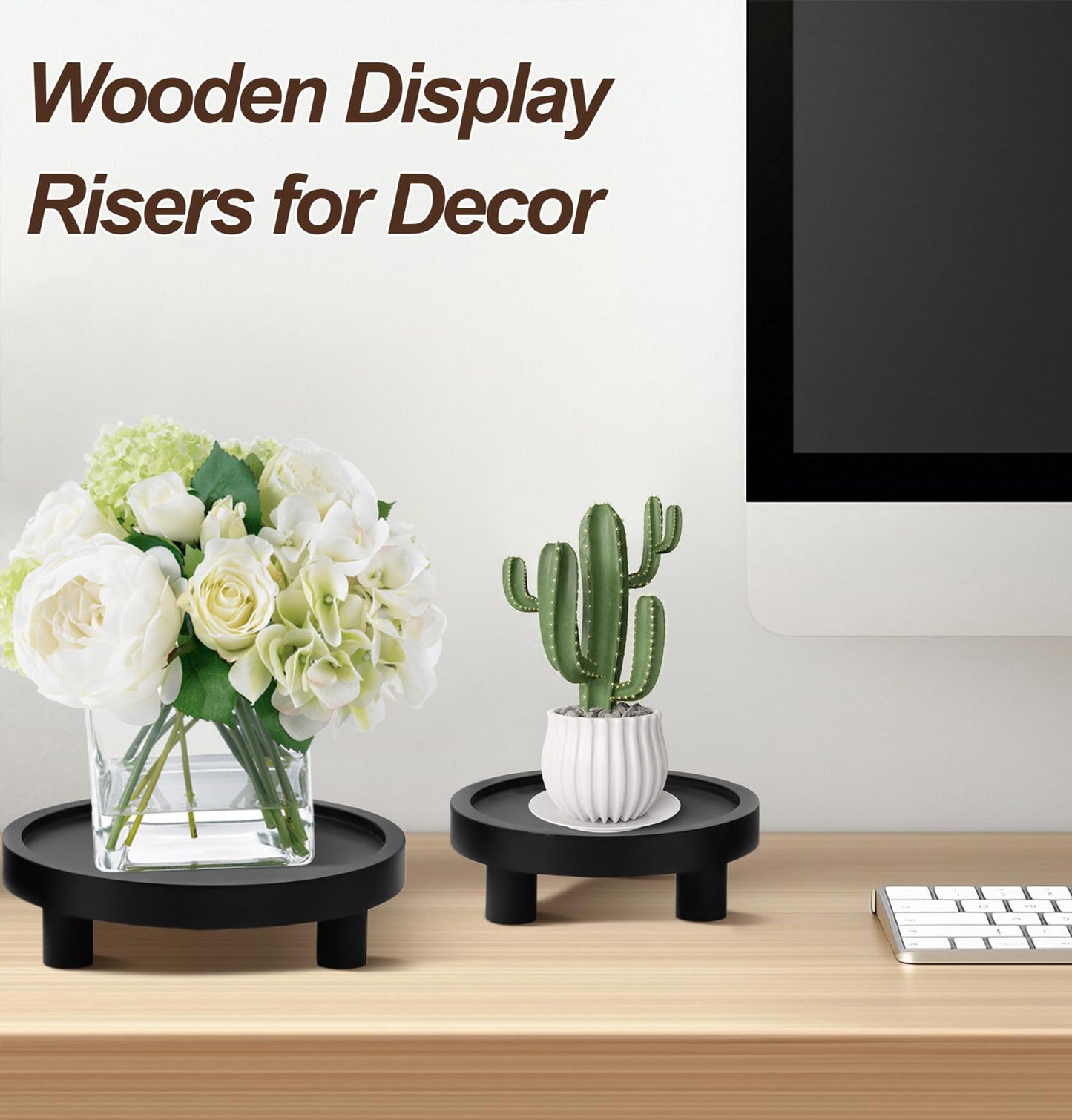 LINGXIANSENG 3 Pcs Wooden Risers for Display, Round Wood Riser Plant Stand 5/6/8" Pedestal Stand, Flower Pot Holder Small Planter Tray for Kitchen Home Décor (Black)