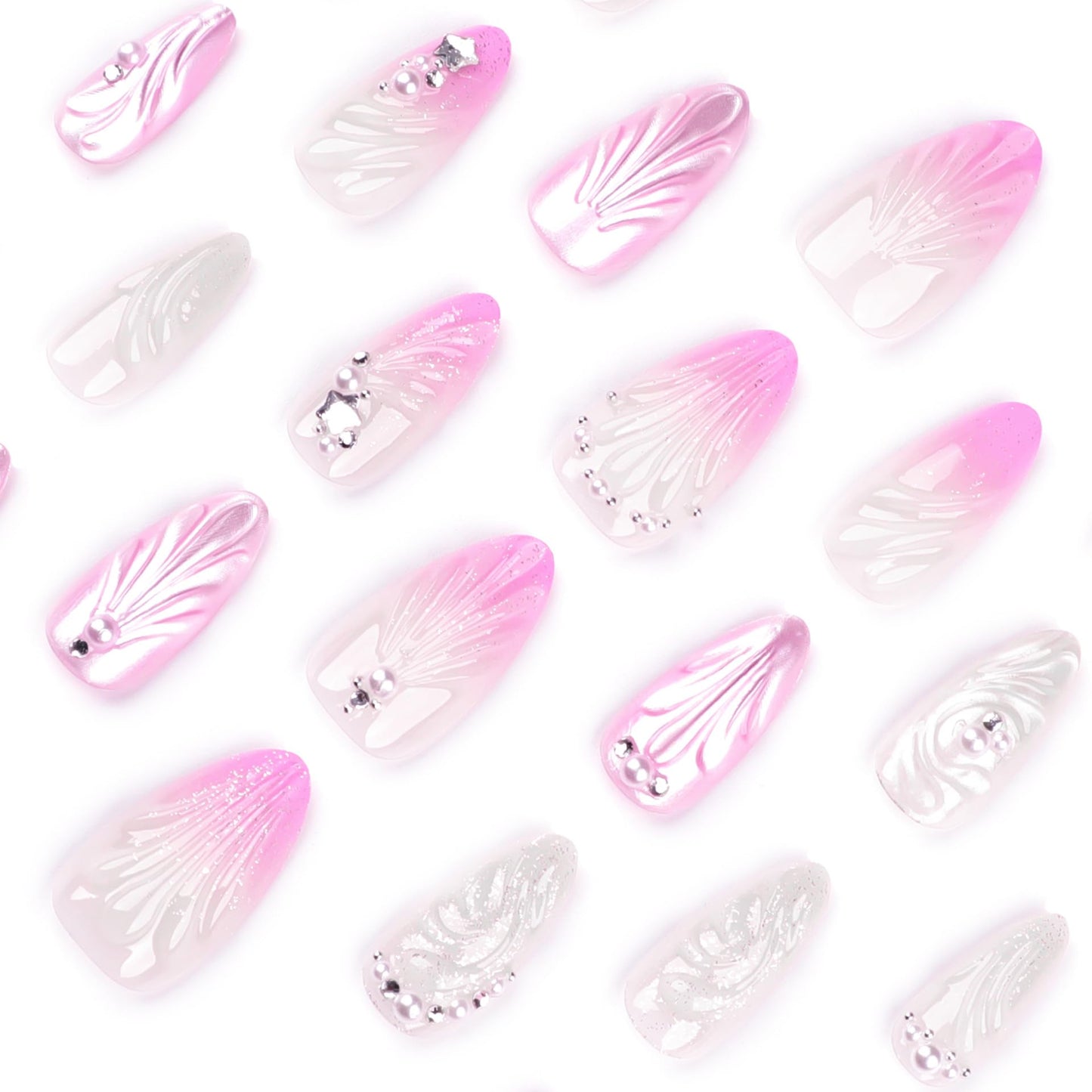 Handmade Almond Shaped Press-On Nails Pink 3D Shell Pearls Medium Long False Nails Crystal Nails Reusable False Nail Kit Glossy Full Cover Glue Nails for Women 24pcs