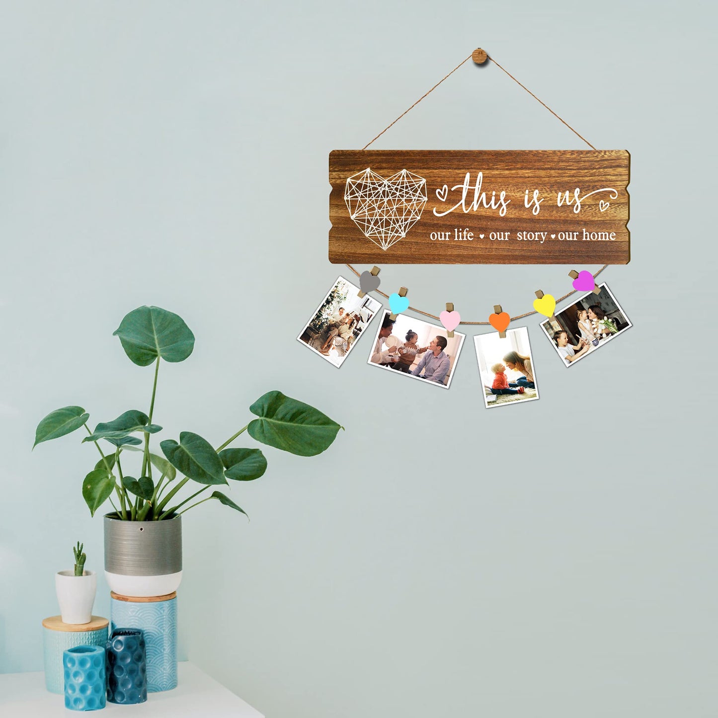 Buecasa Housewarming Gifts New Home Sign Decor - Rustic Wall Hanging Picture Frame with 6 Heart Clips -This Is Us Wall Decor 15.8x6.0 Inches