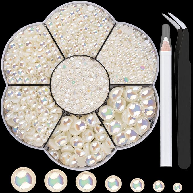 Nail Art Flat Back Half Round Pearl Kits 2, 1 Box of 6000 Pcs Flat-Back Beige AB Pearl with Tweezer and Picker Pencil for Home DIY Nails Body Face Craft and Salon Use