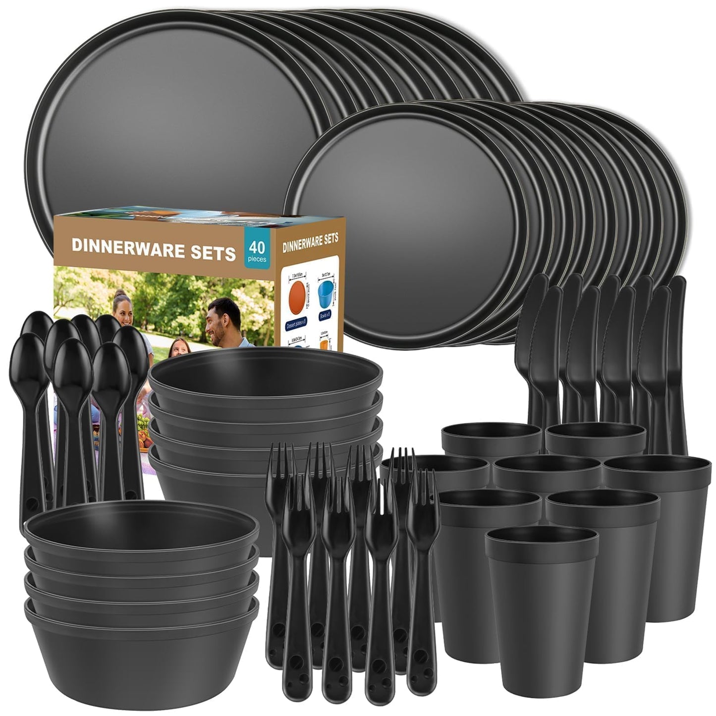 40 Piece Plastic Dinnerware Set for 8 with Cutlery, Unbreakable Plates and Bowls Set, Dishwasher & Microwave Safe Reusable Dish Set for Camping, RV, Outdoor Kitchen, Apartment Dining, Black