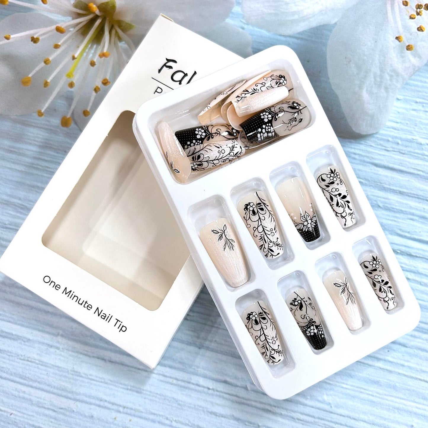 CJDLTS Press on Nails Medium Length Ballet Shaped Black Branches Pattern Design Glossy Medium Acrylic False Nail Full Cover Artificial Press Ons Stick on Nail French Glue on Nails for Women 24Pcs