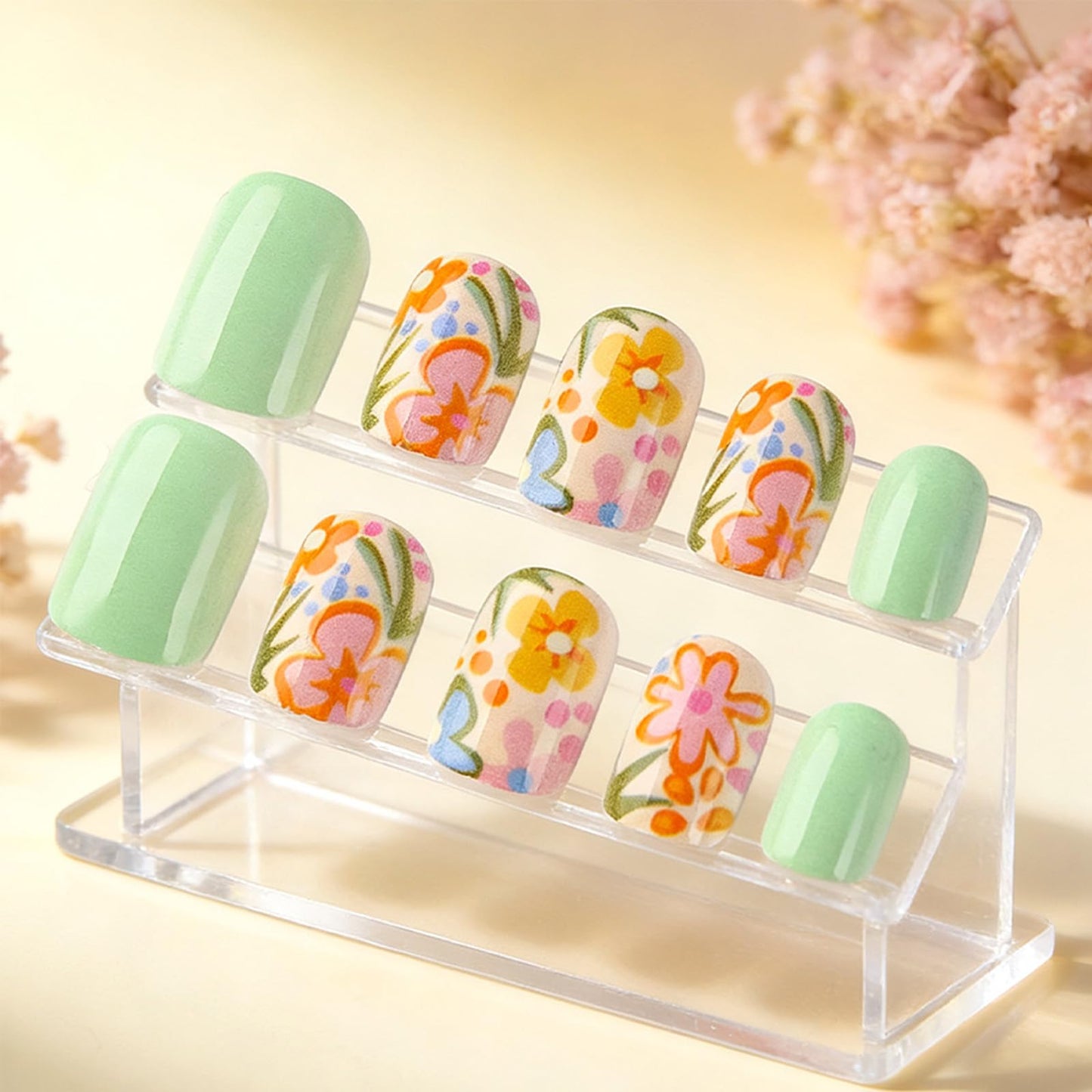 Sage Green Press on Nails Short Square Fake Nails with Cute Flowers Design Spring Summer False Nails Press ons Glossy Stick on Nail Reusable Artificial Glue on Nails for Women 24Pcs