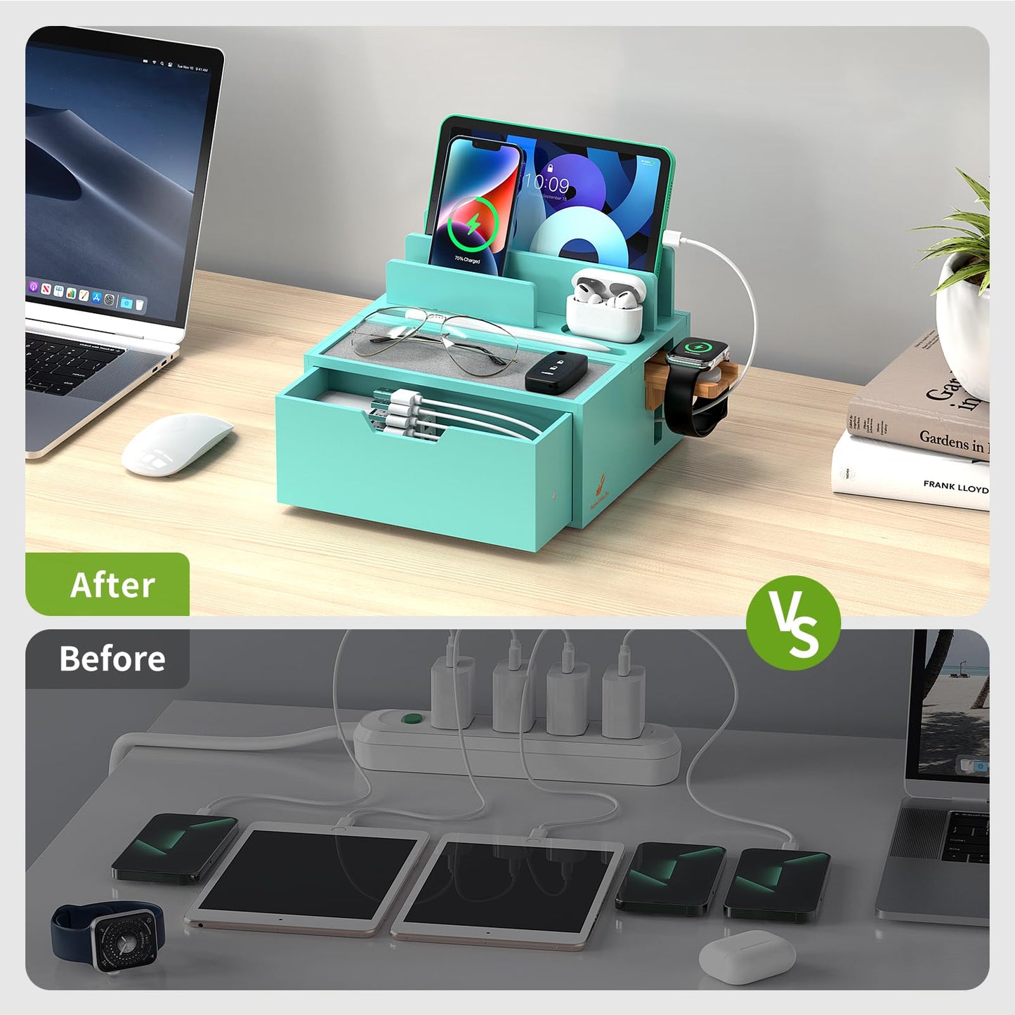 Pezin & Hulin Bamboo Charging Station for Multi Device, with Power Charger & Cables, Nightstand Docking Stand with Felt Pad Tray & Drawer, Compatible with Tablet, Cell Phone, Smart Watch-Teal
