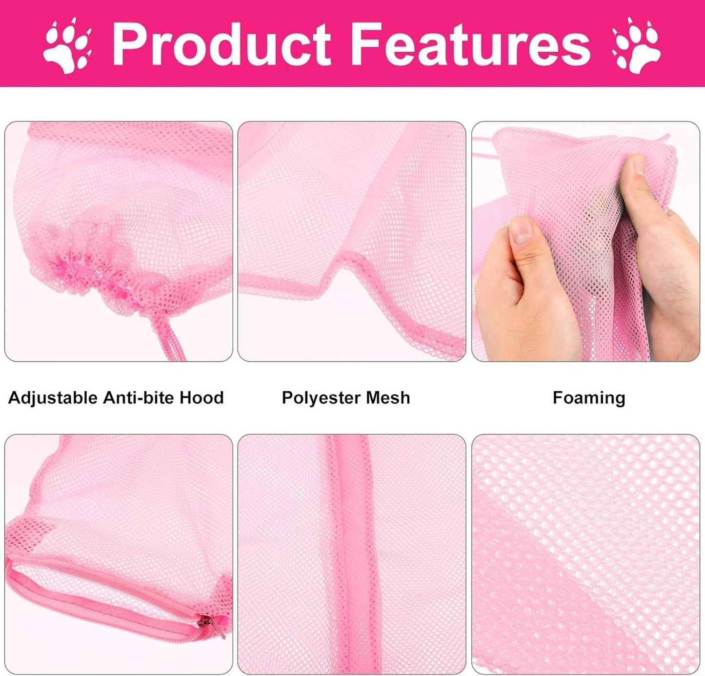 Vwvk 6 Pcs Cat Bathing Grooming Set - Adjustable Mesh Bathing Bag, Nail Clipper, Mesh Muzzle, Massage Brush, Tick Remover Tool & Nail File (Pink)