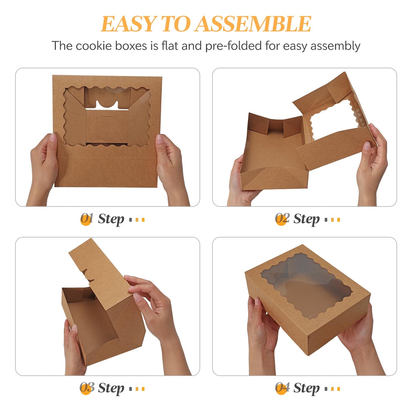 COTOPHER Auto Pop Up Cookie Box with Window 8x6x2.5 Inches – 50 Pack Brown Bakery Boxes with Ribbon for Birthday Party Favors, Wedding, Christmas Gift Packaging for Cookies, Candy, Macarons