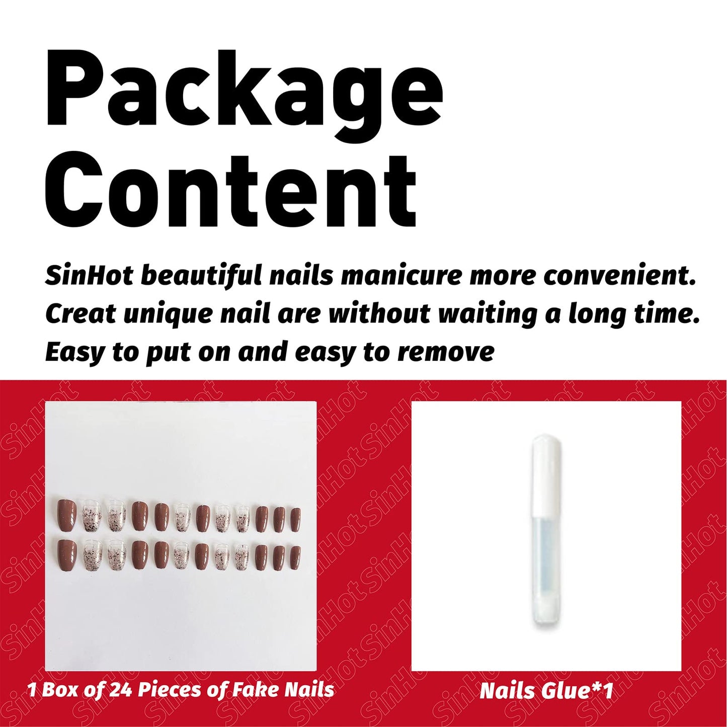 SINHOT Coffin Press on Nails Medium Ballerina Glossy Glue on Nails Brown Gradient Acrylic False Nails Designs 24 pcs