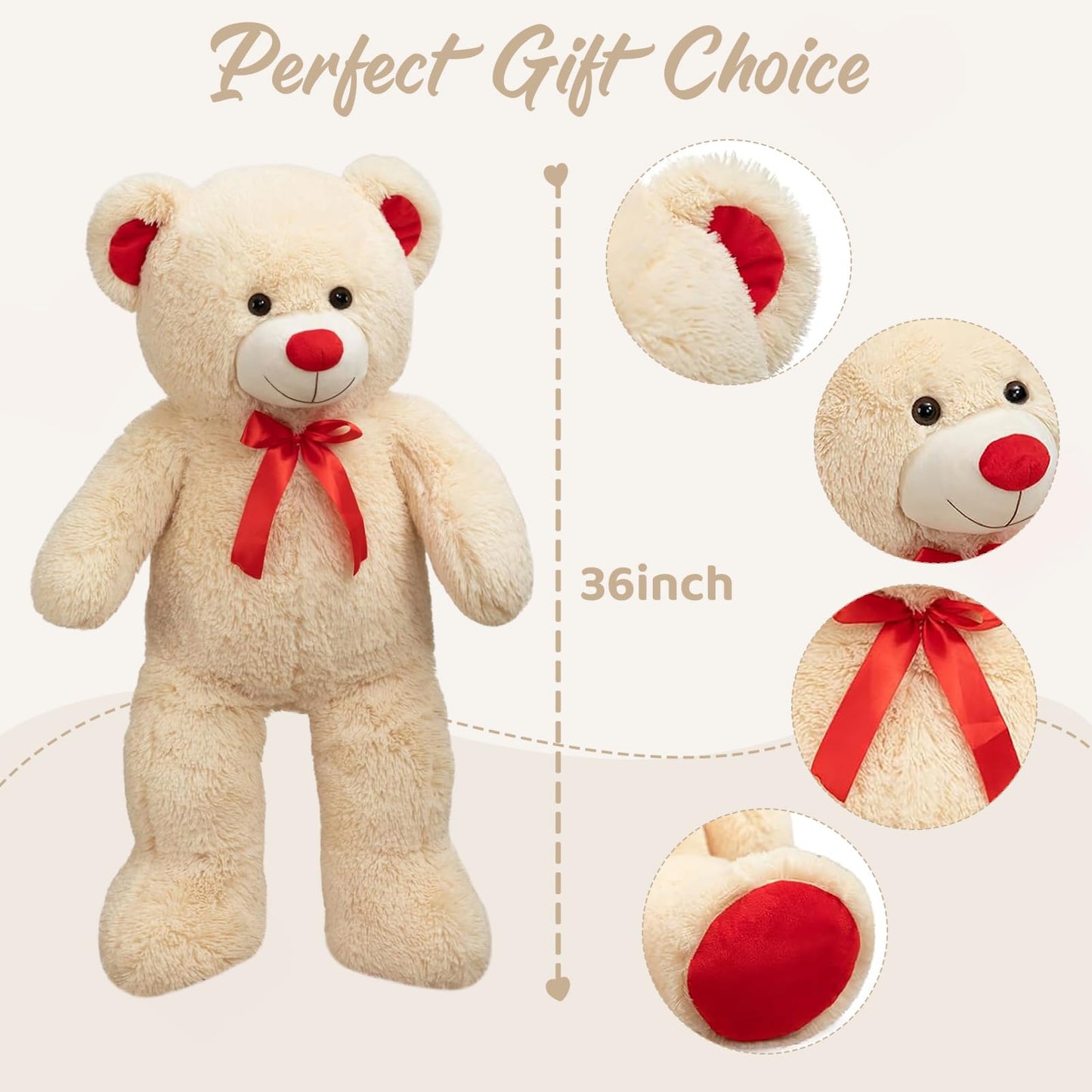 WENMOTDY Huge Teddy Bear Stuffed Animal Giant Teddy Bear Plush with Red Ribbon Bow Day Plush Toy Gift for Girlfriend and Kids 36 inch Beige