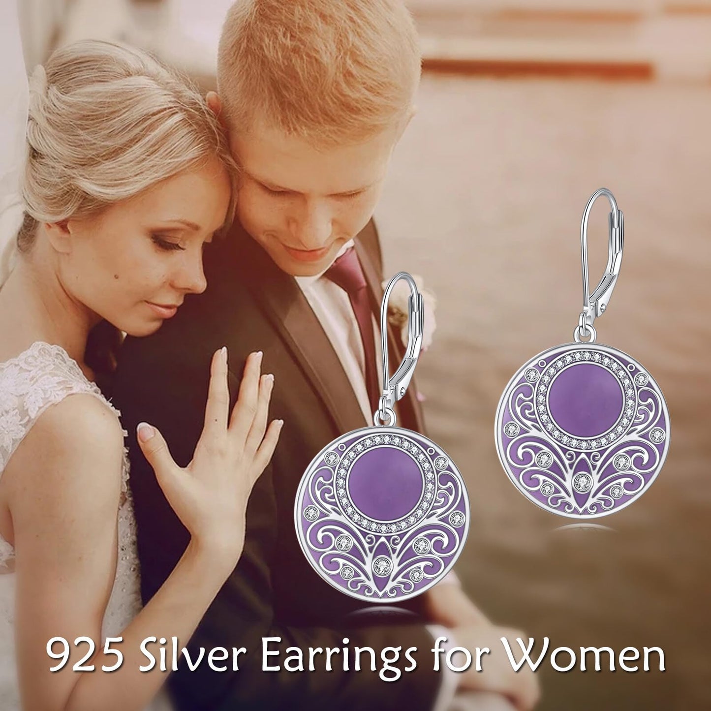 Amethyst Drop Earrings Sterling Silver Filigree Circle Leverback Earrings Jewelry Gifts for Women