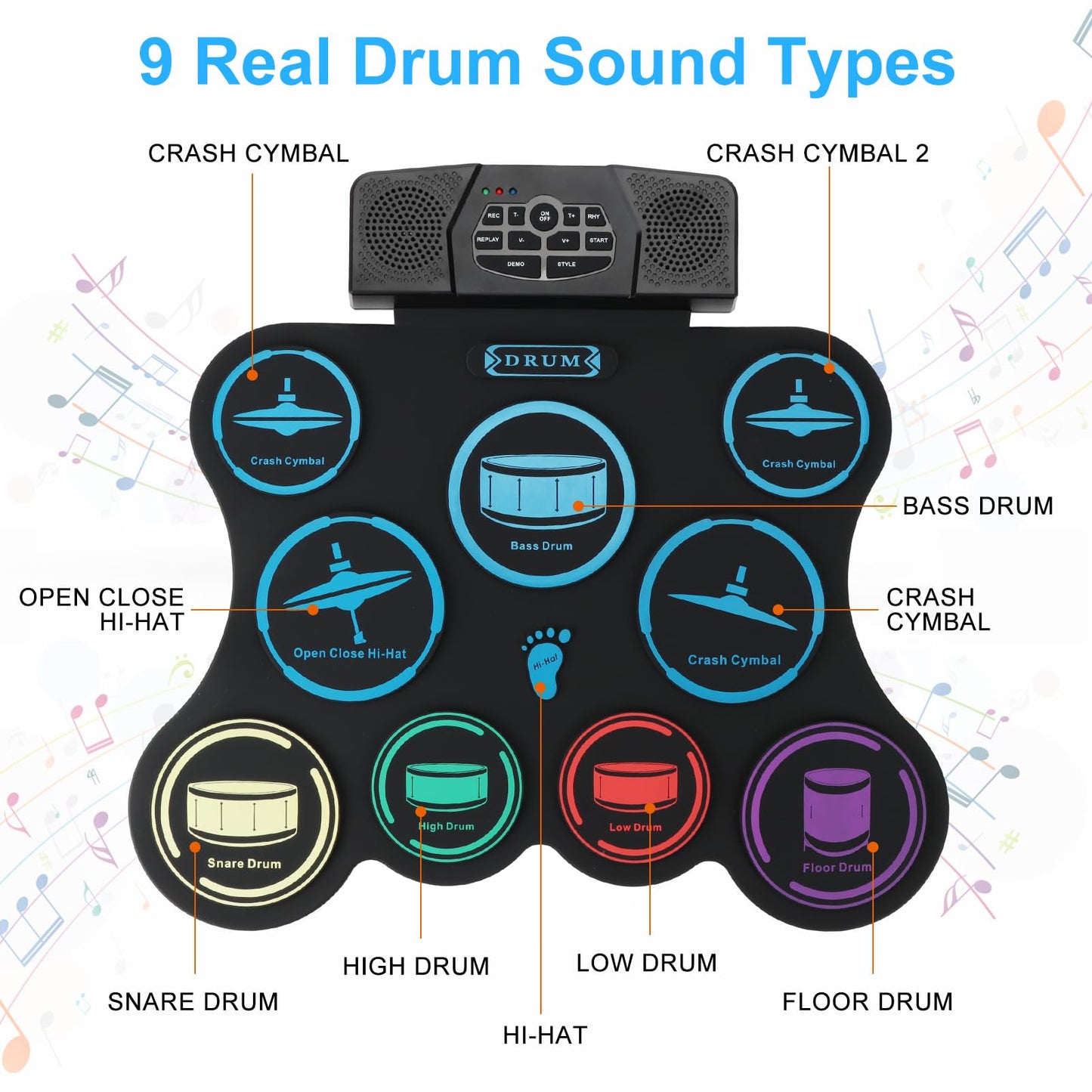 Electric Drum Set, 9 Pads Kids Drum Set, Roll-up Practice Drum Pad with Headphone, MIDI, Built-in Dual Stereo Speakers Drum Sticks Foot Pedals 10 Hours Playtime (9 pad Dual Stereo Speakers)