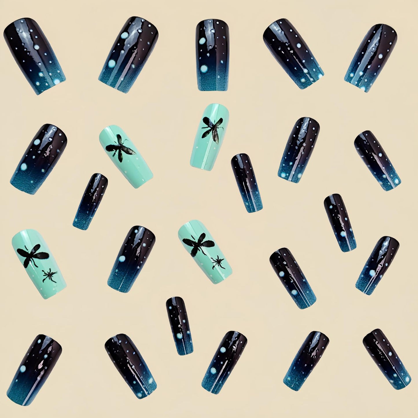 CJDLTS Dark Green Gradient Press on Nails Long Length Butterfly Pattern False Nails Glitter Artificial Acrylic Nails Full Cover French Stick on Nails Square Coffin Nails Glossy Glue on Nails for Women