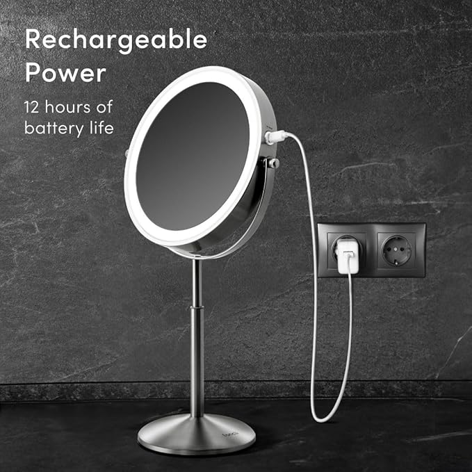 Fancii 9-Inch Lighted Makeup Mirror Height Adjustable with 10X /1X Magnification - Rechargeable, Double Sided LED Vanity Mirror with Light and Stand, 360° Swivel (Hailey)