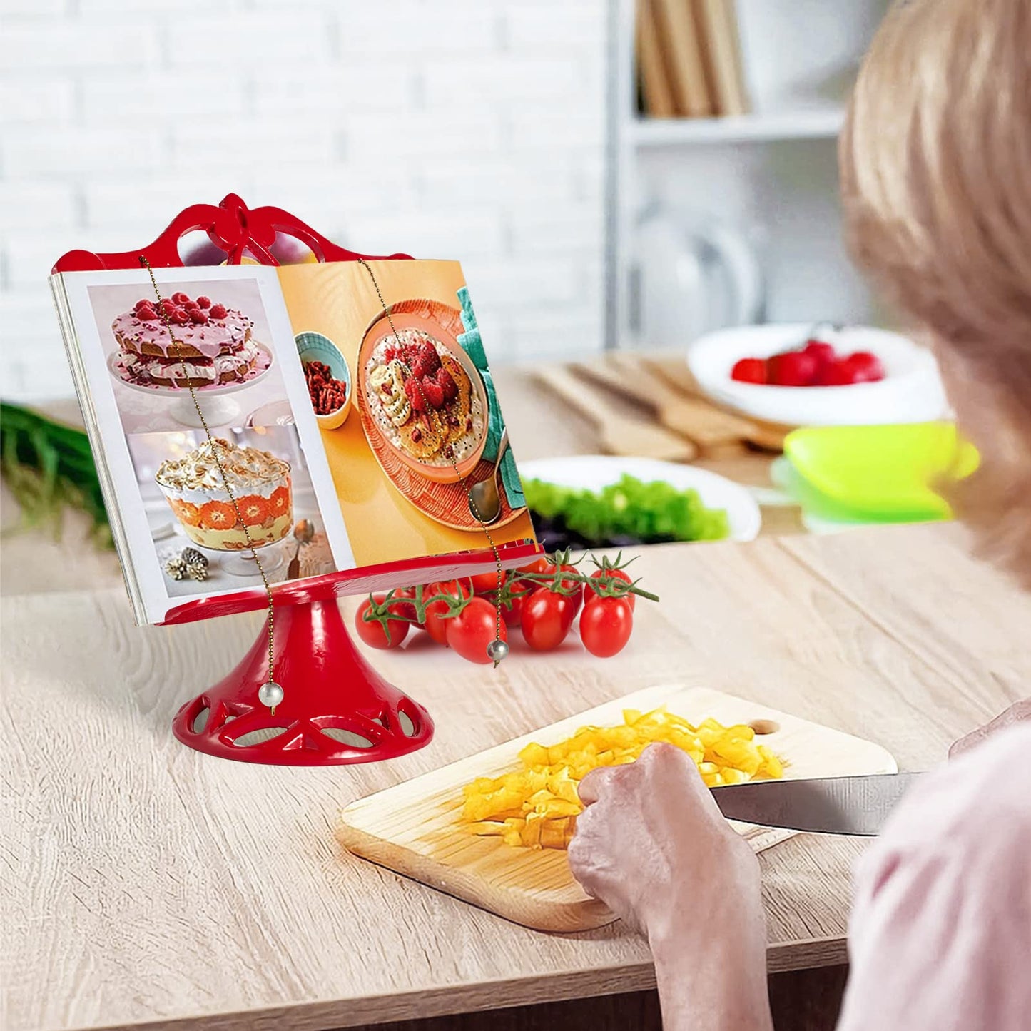 JOGREFUL Adjustable Cookbook Stand, Cast Iron Heavy-Duty Recipe Book Holder, Kitchen Vintage Recipe Book Holder, Reading Rest Holder for Easel/Counter/Books/Magazine/iPad/Bible, Classic Red