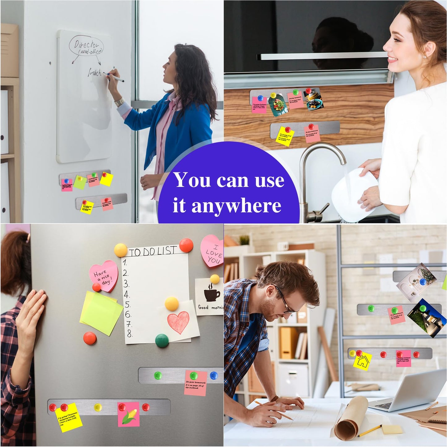 6 Pcs 15" x 2" Magnetic Display Board Souvenir Bulletin Board Strip Set with 48 Pcs Colorful Magnet for Office Home Wall Display Notes, Photos(Silver)