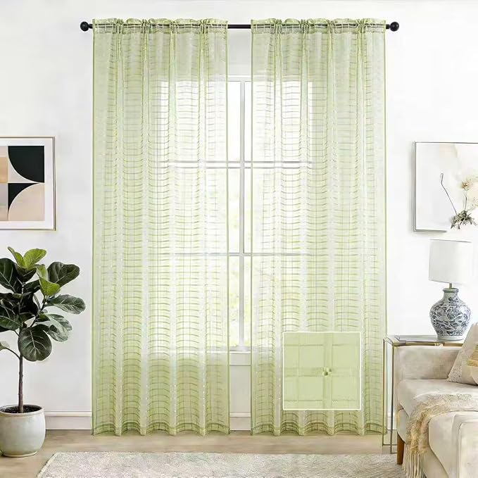SpaceDresser Check Sheer Curtains 108 Inches 2 Panels Set, Rod Pocket Plaid Window Curtain for Living Room, Sage Green Semi Sheer Drapes for Kitchen Bedroom Children Room Yard（Sage Green, 52W x 108L）