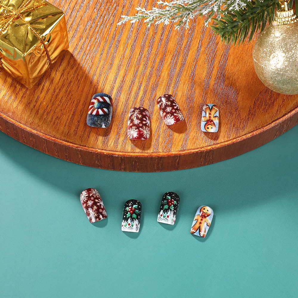 24 Pcs Christmas Press On Nails - Short Square Glossy False Nails with Candy & Cherry Design, Full Cover Gradient & Snowflake Glue, Red Christmas Fake Nails for Women's Manicure Kit