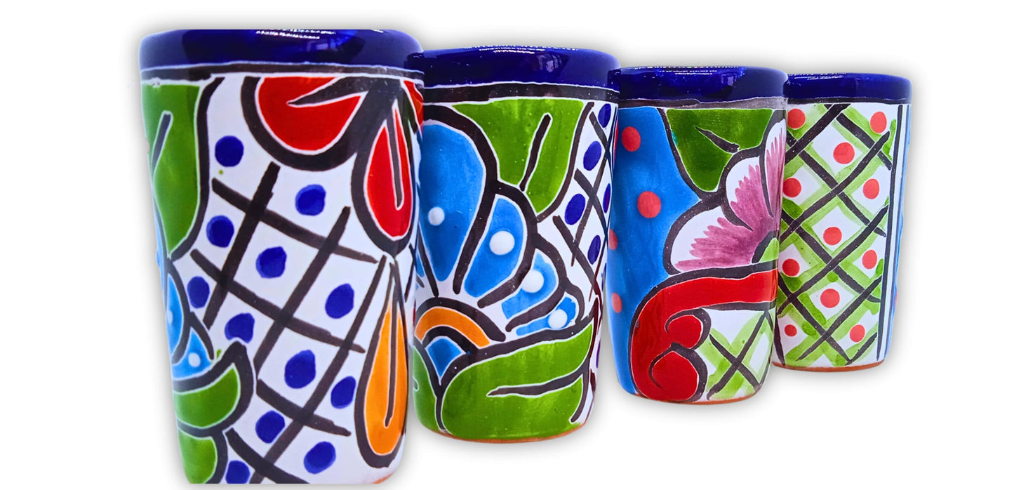 MEXTEQUIL - Talavera Shot Glasses Set of 4 Authentic Mexican Tequila Shot Glasses - Hand-painted - 2 Oz (Blue with Green)