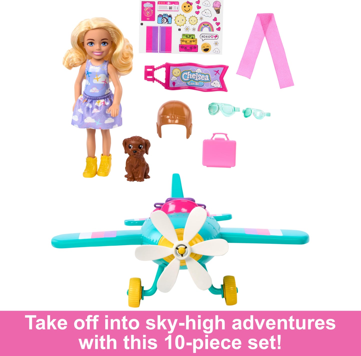 Barbie Chelsea Can Be Doll & Plane Playset, 2-Seater Aircraft with Spinning Daisy Propellor & 7 Accessories, Includes Pet Puppy & Stickers