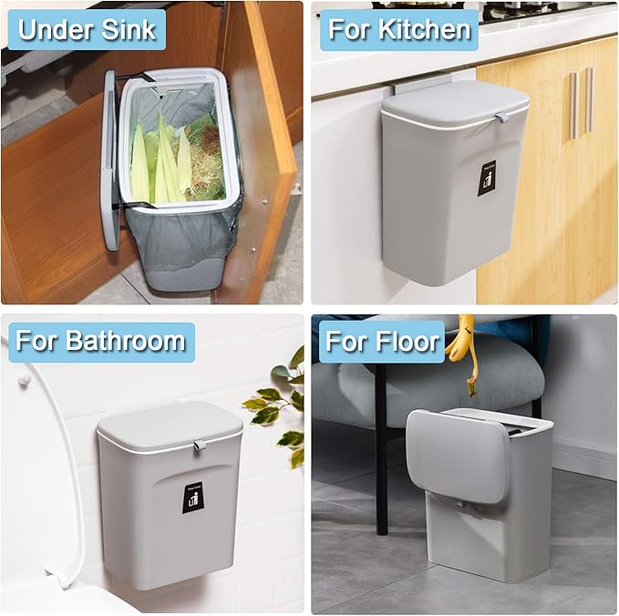 Tiyafuro 2.4 Gallon Kitchen Compost Bin for Counter Top or Under Sink, Hanging Small Trash Can with Lid for Cupboard/Bathroom/Bedroom/Office/Camping, Mountable Indoor Compost Bucket, Gray