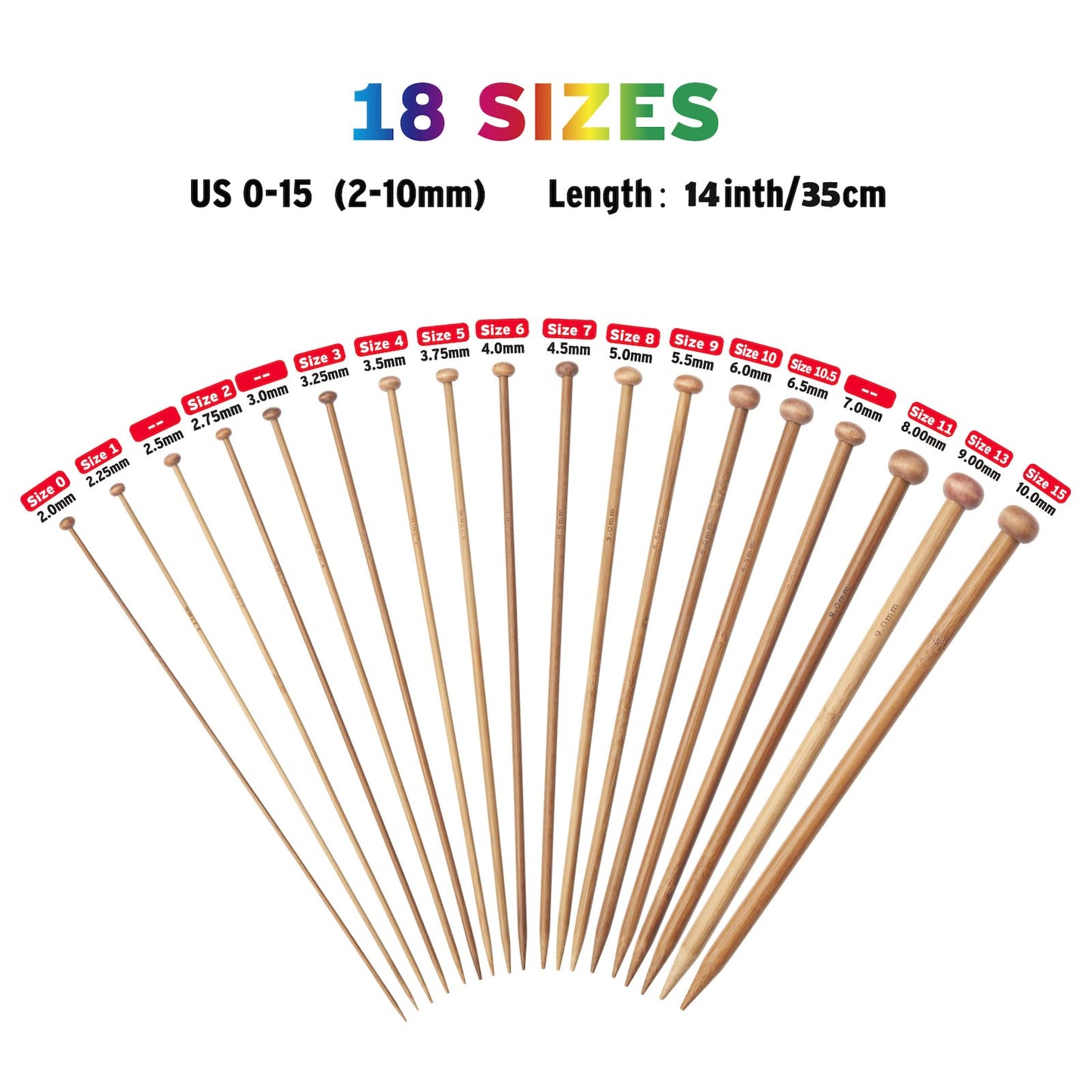 Bamboo Knitting Needles Set, Wooden Knitting Needles for Beginners, 18 Pairs US Size 0-15 (2.0-10.0mm) 14 Inch Long Straight Wood Knit Needle Single Point for Sweaters, Socks, Shawl and Scarf