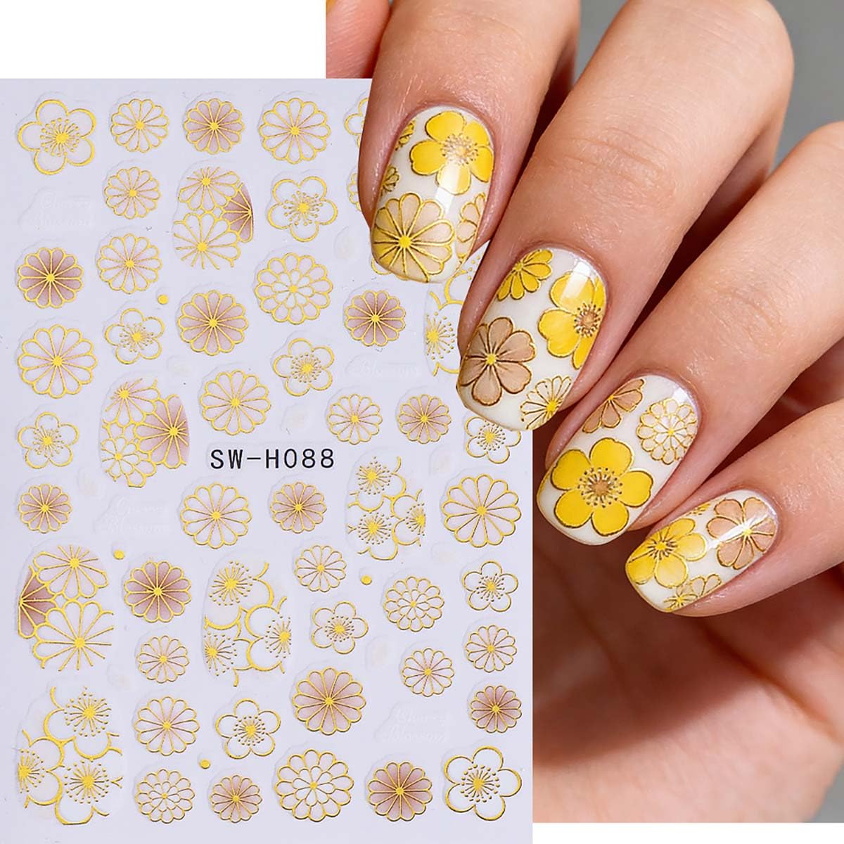 6 Sheets Flower Nail Stickers with Leaf Design Nail Decals 3D Self-Adhesive Gold Hollow Out Floral Nail Art Stickers Spring Summer Nail Decoration for Women DIY Manicure Supplies