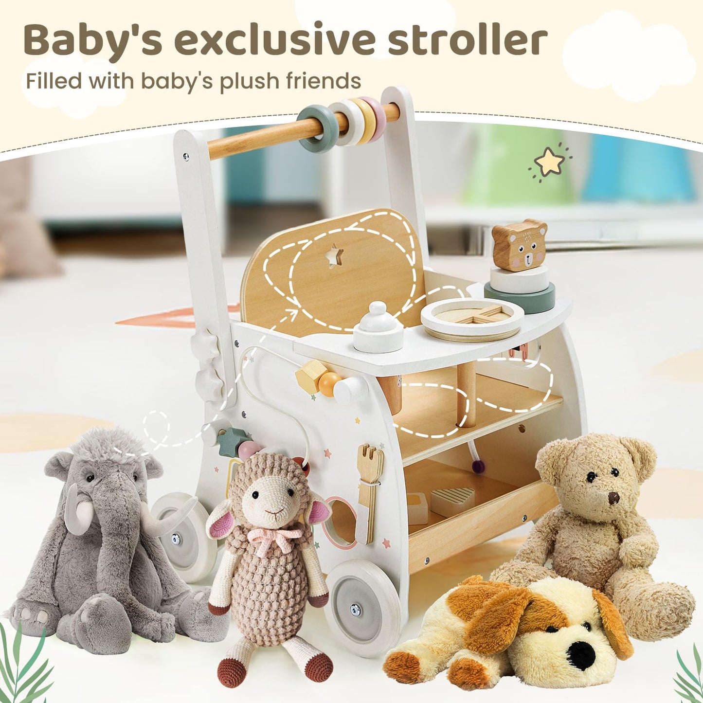 labebe Wooden Baby Walker, Baby Push Walker Doll Stroller, Push Activity Walker for Kids 18M+, Adjustable Speed Learning Walking with Wheels, Birthday Gift for Girls Boys Ages 1-3