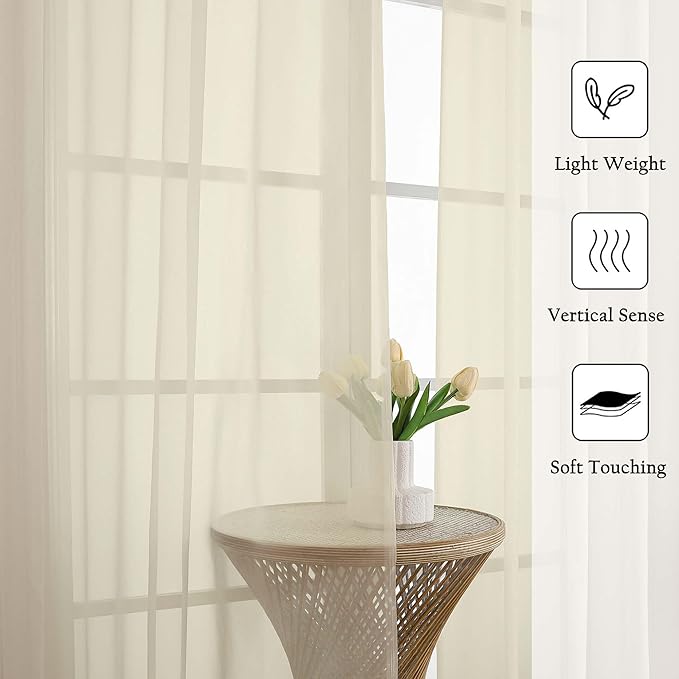Lecloud Cream Sheer Curtains 120 Inches Long 2 Pcs, Rod Pockets Voile Living Room Curtains for Bedroom Decor, Light Filtering Farmhouse Drapes for Dining Room Windows, Each Panel 59" W x 120" L