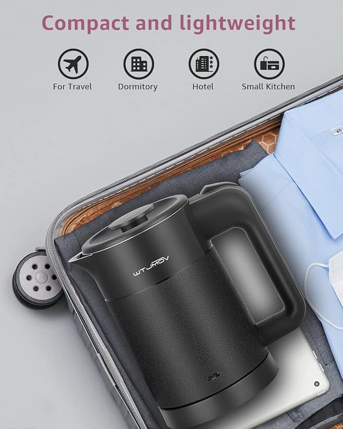 0.6L Small Electric Tea Kettle Lightweight, 20 Ounce Double Wall Hot Water Boiler Stainless Steel Auto Shut-off, 120V Portable Travel Electric Kettle Fast Boil for Tea and Coffee, Black