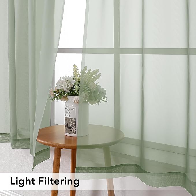 SimpleBrand Sage Short Sheer Drapes Half Window Curtains for Bathroom Small Windows, 42 X 36 Inch, 2 Panels