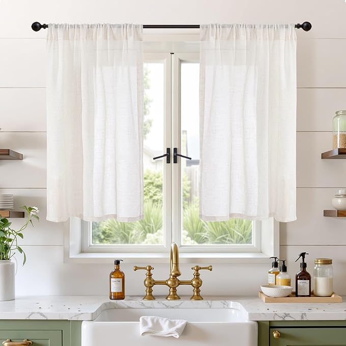 BGment Short Linen Curtains 40 Inch Length for Kitchen Windows - Rod Pocket Natural Drapes Light Filtering for Cafe Over Sink Decorative Sheer Lightweight Rustic, 2 Panels Set, 30 X 40 Inch