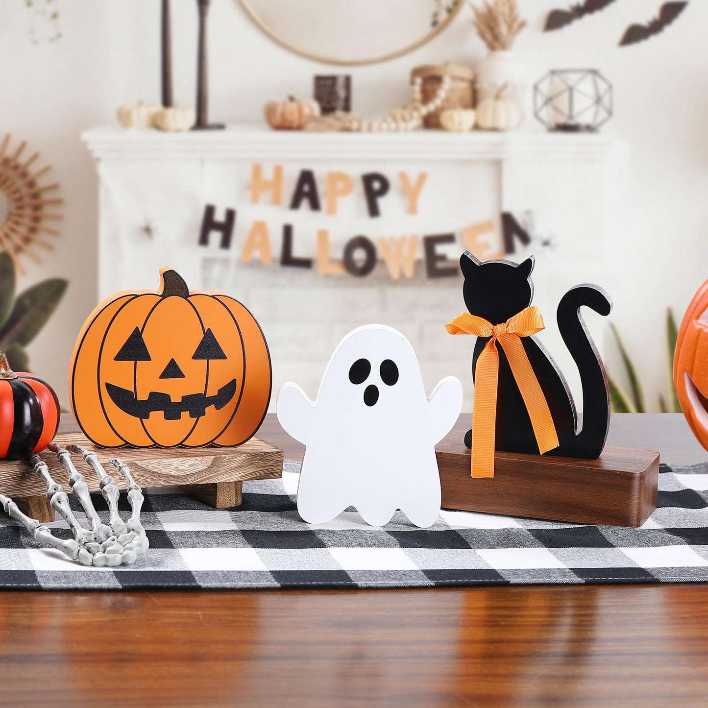Halloween Decorations-Wooden Ghost Pumpkin Cat Blocks Signs-Cute Freestanding Table Signs for Rustic Farmhouse Home Mantle Decor
