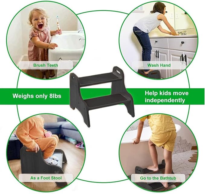 StrongTek Wood 2 Step Stool for Kids with Non-Slip Stepping Surface, Portable Handles, Skid Resistant Foot Pads, and 300 lbs. Capacity, Multipurpose Heavy-Duty Support (Espresso)