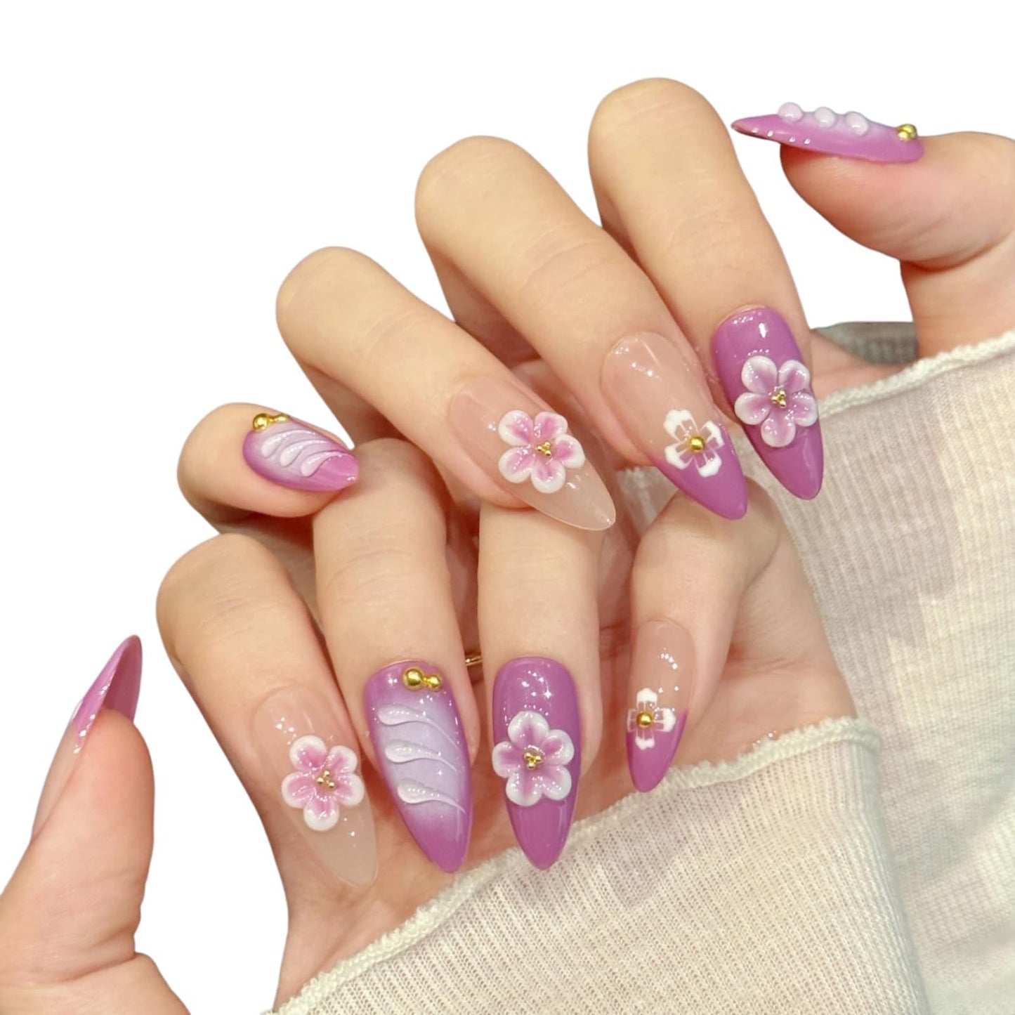 Tesytto Handmade Press on Nails Almond Shape Glossy Reusable False Nails for Nail Art (Purple Dream, L)