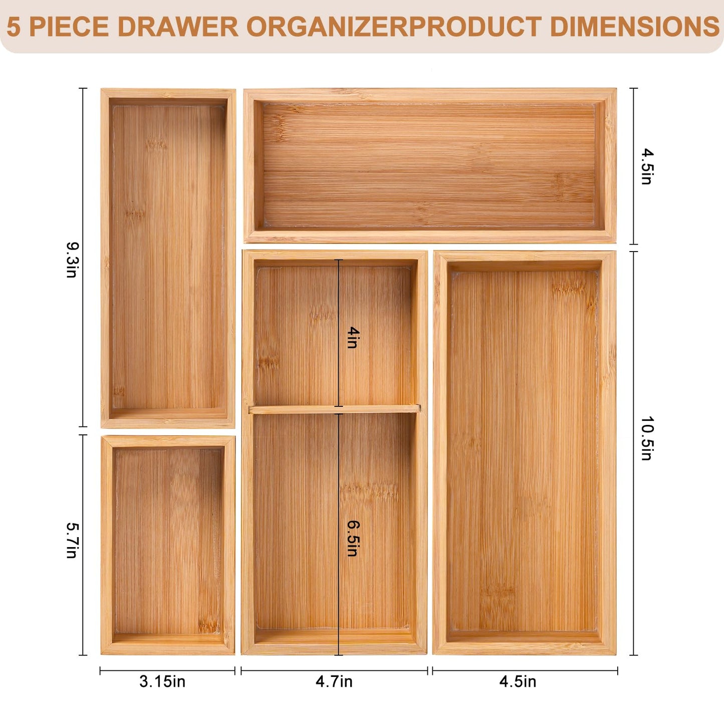 Bamboo Drawer Organizer 5 Pcs for Kitchen Multi-purpose Storage Dividers for Kitchen, Office, Jewelry, Cosmetics, Wooden Drawer Dividers for Drawer Organizer Desk Organizer Gift for Women Gifts Idea