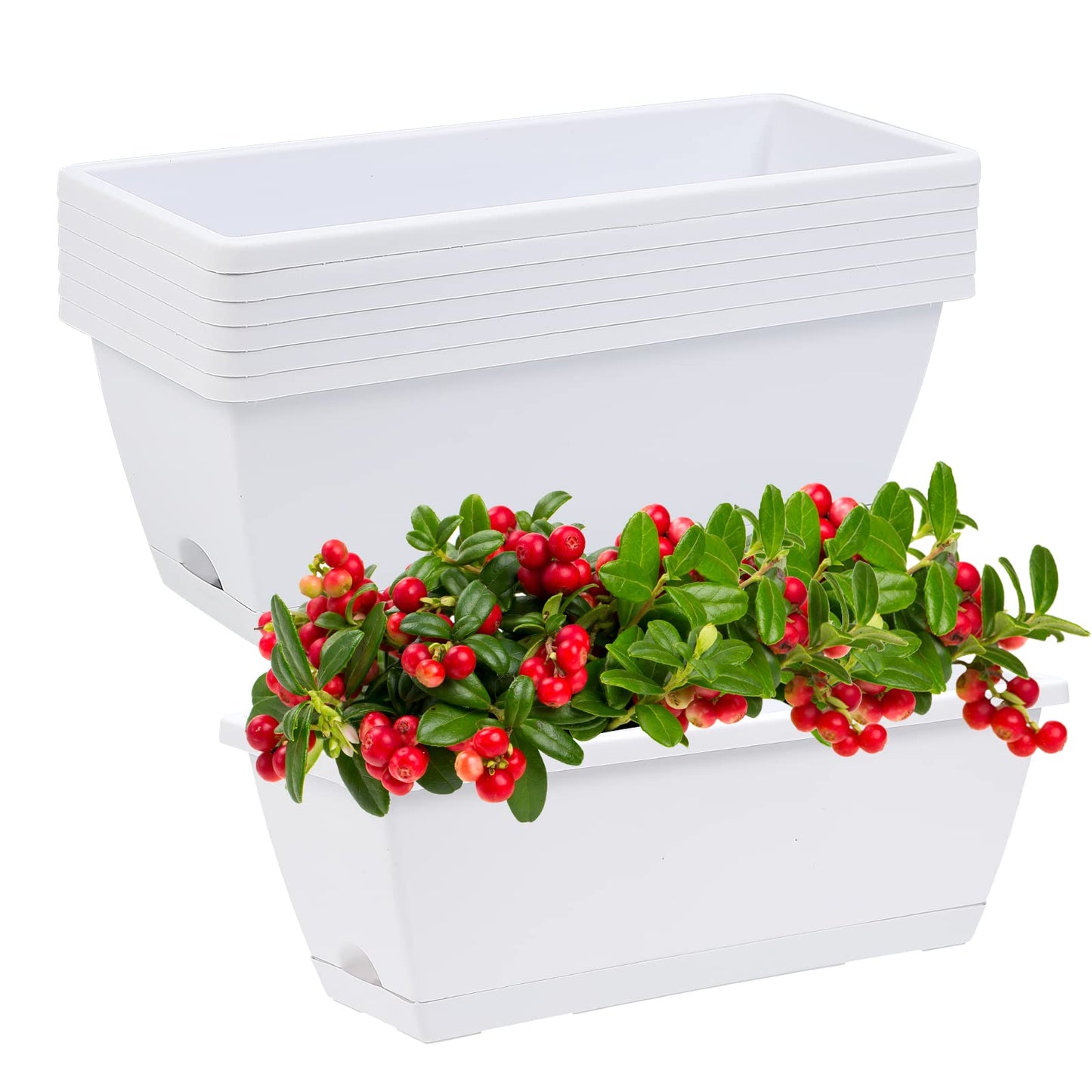 CHUKEMAOYI Window Box Planter, 7 Pack Plastic Vegetable Flower Planters Boxes 17 Inches Rectangular Flower Pots with Saucers for Indoor Outdoor Garden, Patio, Home Decor (White)