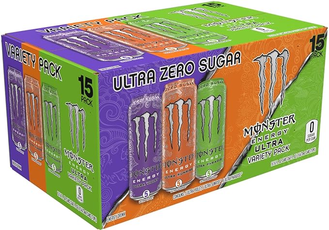 Monster Energy Ultra Variety Pack, Ultra Violet, Ultra Sunrise, Ultra Paradise, Sugar Free Energy Drink, 16 Ounce (Pack of 15)
