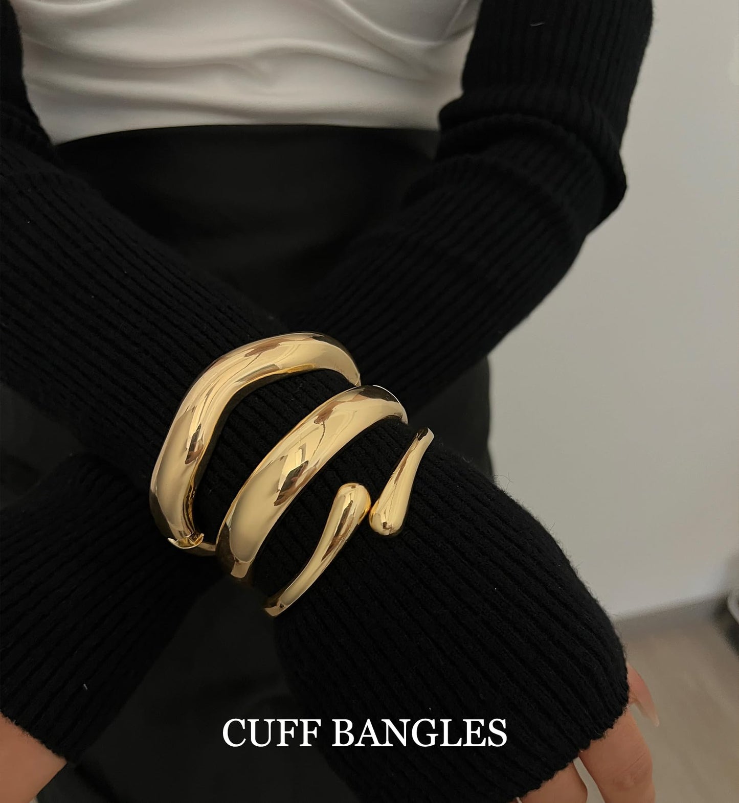 Chunky Gold Bangle Bracelets for Women, 14k Gold Plated Dainty Cuff Stackable Bangles Set, Trendy Bracelet Stack Fashion Jewelry Gifts (03-GOLD)