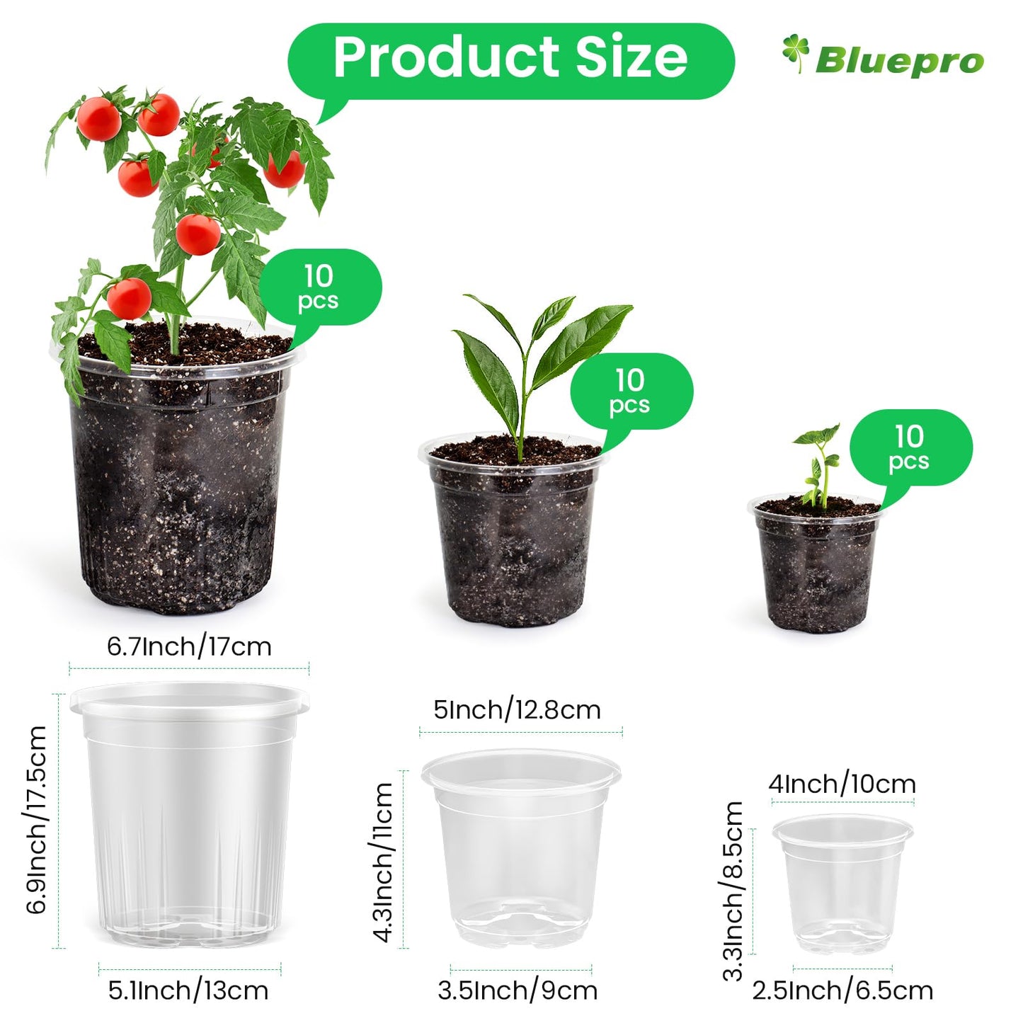 Bluepro 36 Packs 5/4/3.5 Inch Reinforced Clear Nursery Pots with Drainage Hole, Transparent Variety Pack Plastic Plant Pot Seedling Planter for Vegetable Propagation, Root Cutting, Seed Starting