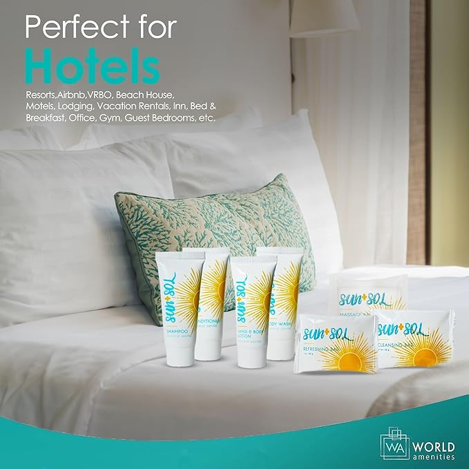 World Amenities - Sun + Sol Mini Size Hotel Toiletries Bathroom Kit | Warm Coconut & Vanilla | Shampoo, Conditioner, Body Wash, Lotion, Cleansing Bar, Refreshing Soap Bar and Moisturizing Massage Bar