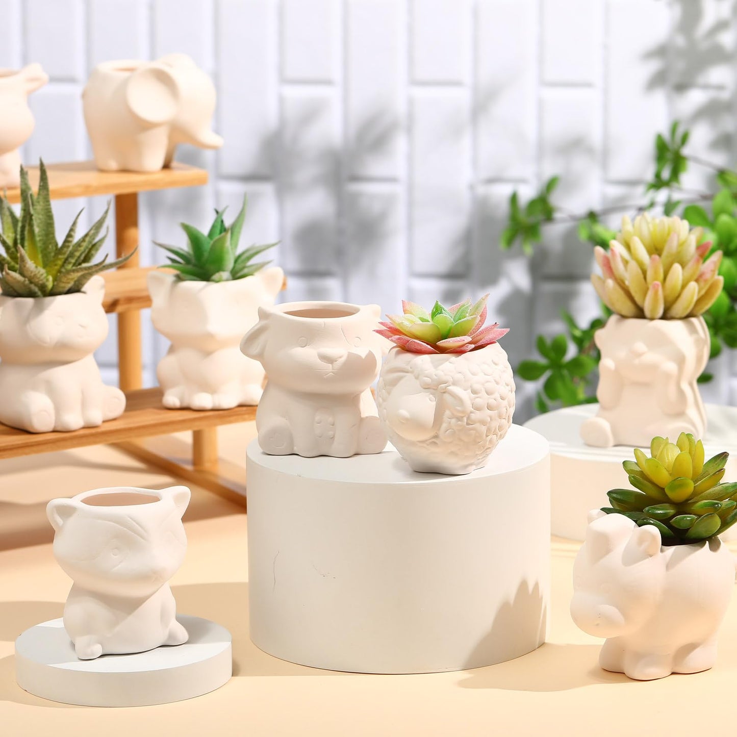 Hushee 12 Sets DIY Ceramic Succulent Pots Ready to Paint Animal Planters Unpainted Plant Flower Pots Bulk with Drainage Hole and Bisque Paint ， Adults Craft Christmas