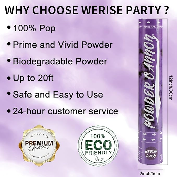 WERISE Purple Powder Cannon Popper, 12 Inch Biodegradable Smoke Cannon for Birthday, Graduation Celebration and Halloween Party - 2 Pack