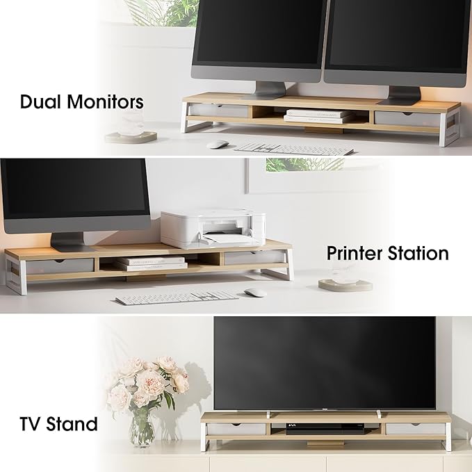 Fenge Dual Monitor Stand, Monitor Riser with Drawer, 42.5 Inch Large Computer Monitor Stand for 2 Monitors, 2 Tier Wooden Desk Shelf for Top of Desk