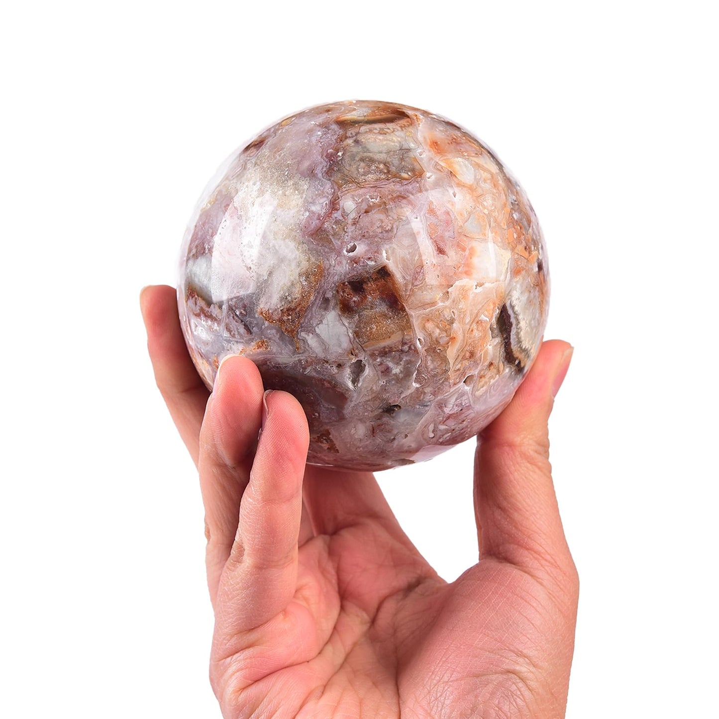 JIC Gem Natural Striped Agate Crystal Sphere with Wooden Stand Decorative Crystal Ball Healing Gemstone Sphere for Meditation Feng Shui Witch-Style Decor70-80mm